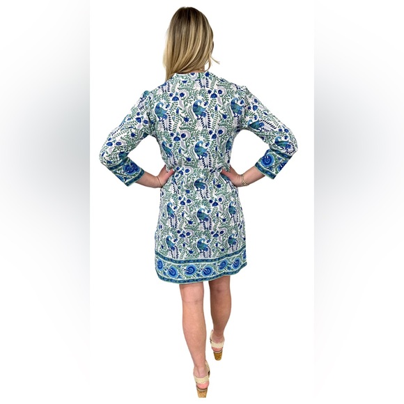 LIZA BYRD The Brie Cotton Block Print Dress Green Blue Floral Bird Print XL - Picture 3 of 13